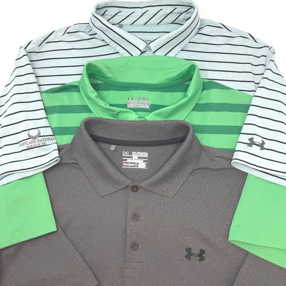 Under Armour Other - Under Armour Lot of 3 HeatGear Polo Shirts Mens 2XL Gray Green Blue Striped